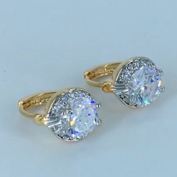 14K Yellow Gold with White Diamond Cubic Zirconia Halo Huggie Hoop Drop Earrings - Picture 8 of 13